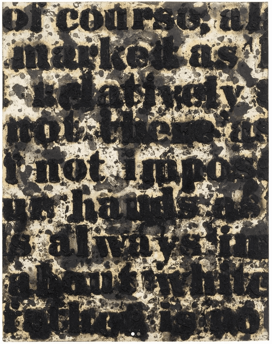 Glenn Ligon, Study for the White Series, 1995. Dense black text on a light ground, partially obscured and splattered.