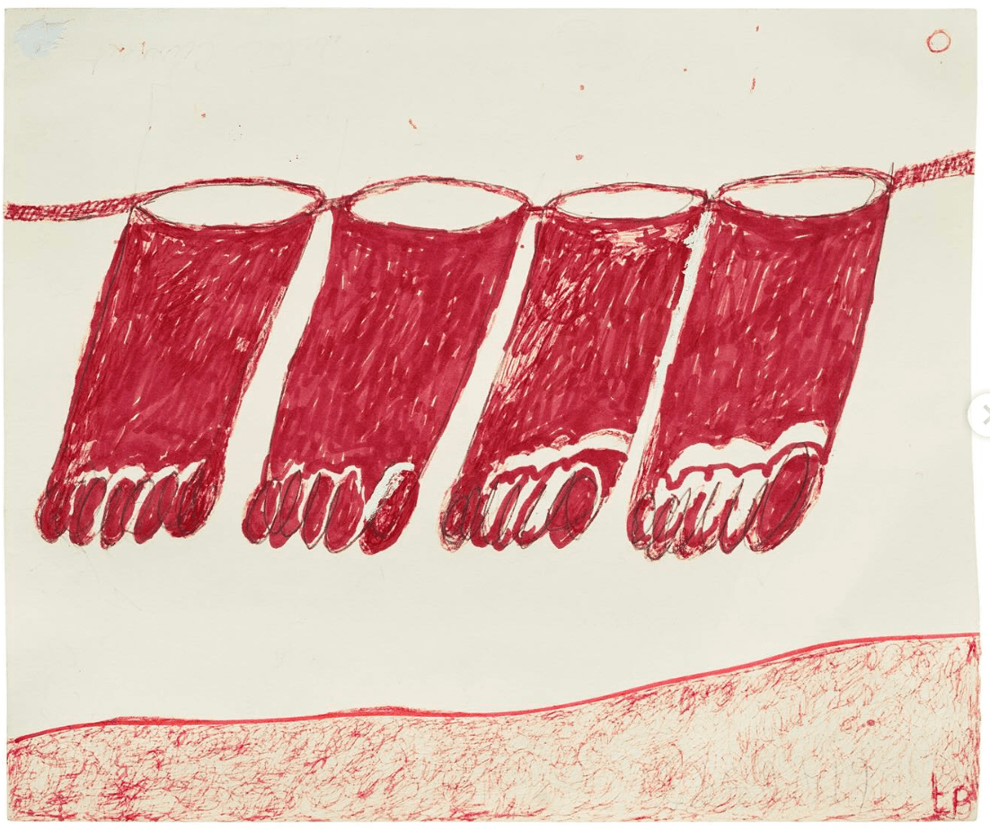 Louise Bourgeois, Untitled, 1998. Red drawing of four suspended foot-like forms above a soft red ground line.