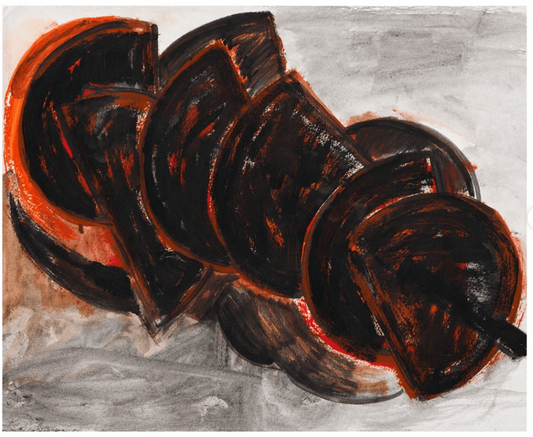 Phyllida Barlow, Untitled: Grinder, 2014. Acrylic on watercolour paper with dark sweeping forms over a pale grey ground.